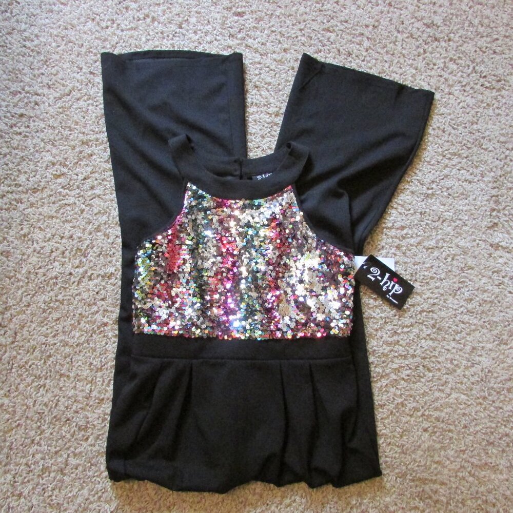 NWT 2- Hip Wrapper Girls 16 One Piece Jumper Black Sequin Top Jumper Fancy